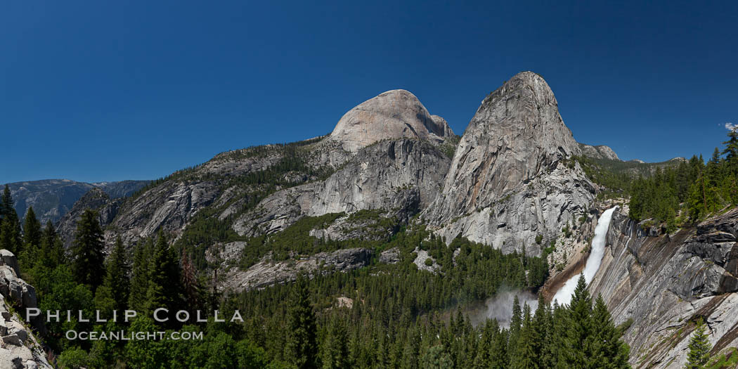 Half Dome and Nevada Falls, with Liberty Cap between them, viewed from the John Muir Trail / Panorama Trail.  Nevada Falls is in peak spring flow from heavy snowmelt in the high country above Yosemite Valley. Yosemite National Park, California, USA, natural history stock photograph, photo id 26860