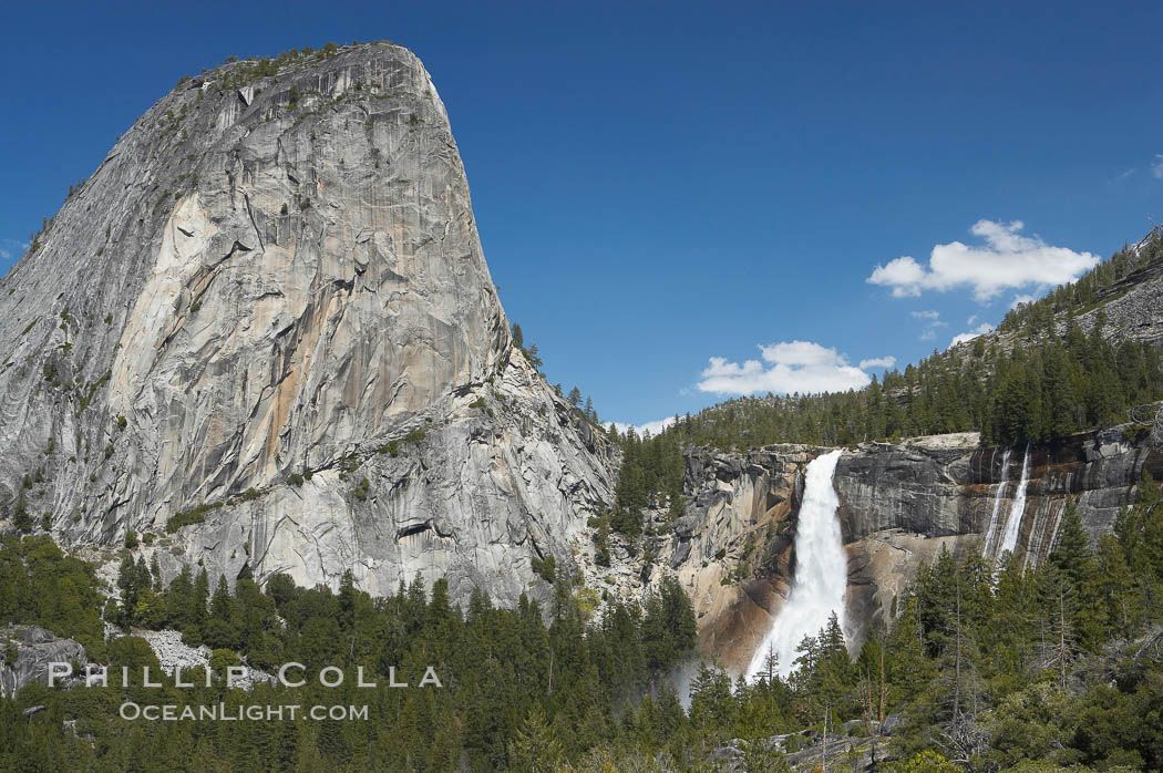 Nevada Falls, with Liberty Cap rising above it. Nevada Falls marks where the Merced River plummets almost 600 through a joint in the Little Yosemite Valley, shooting out from a sheer granite cliff and then down to a boulder pile far below. Yosemite National Park, California, USA, natural history stock photograph, photo id 16133