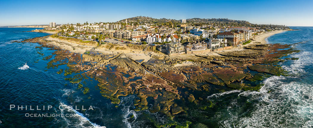 Aerial Panorama of Nicholson Point and Hospitals Beach, aerial photo, extreme low tide, La Jolla, California. USA, natural history stock photograph, photo id 38041