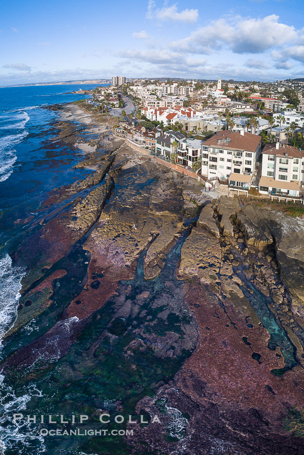 Nicholson Point on extreme low King Tide, La Jolla, aerial panoramic photo., natural history stock photograph, photo id 38001