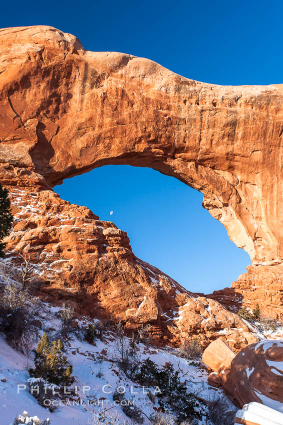 North Window, sunrise, eastern face.  North Window is a natural sandstone arch 90 feet wide and 48 feet high. Arches National Park, Utah, USA, natural history stock photograph, photo id 18161