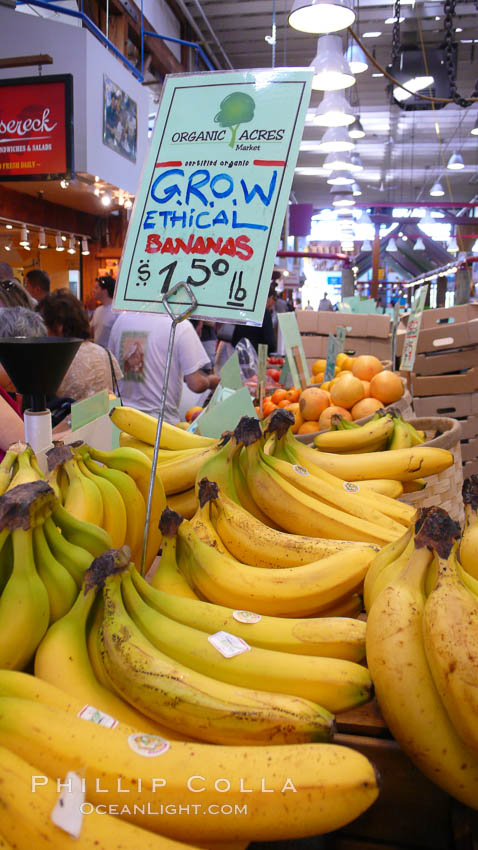Not just any bananas, these are ETHICAL bananas at the Public Market, Granville Island, Vancouver. British Columbia, Canada, natural history stock photograph, photo id 21208