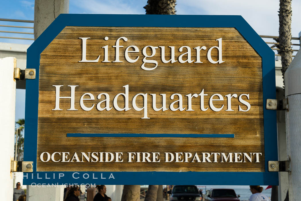 Oceanside Pier lifeguard headquarters sign. California, USA, natural history stock photograph, photo id 29124