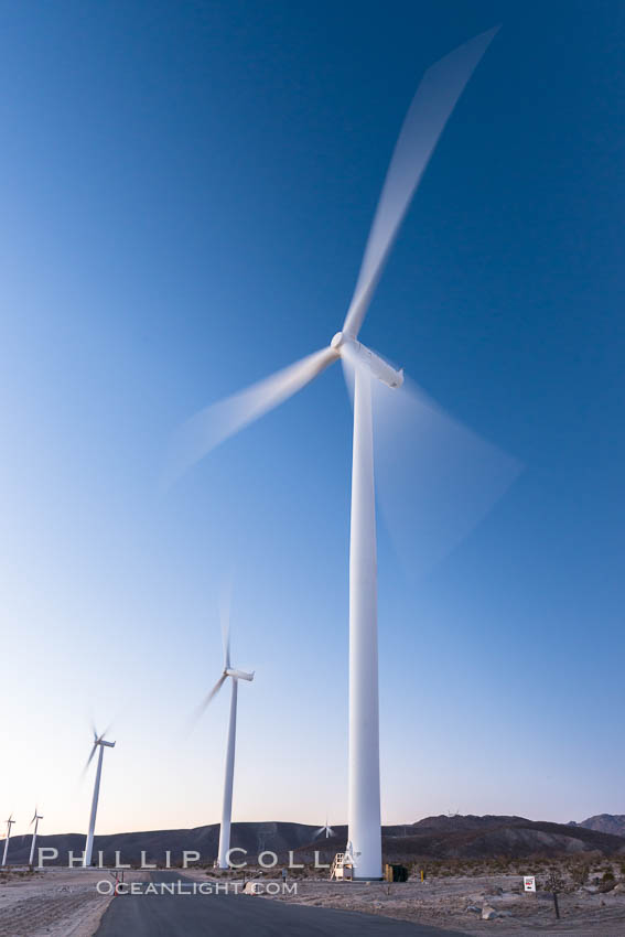 Ocotillo Express Wind Energy Projects, moving turbines lit by the rising sun, California, USA, natural history stock photograph, photo id 30252