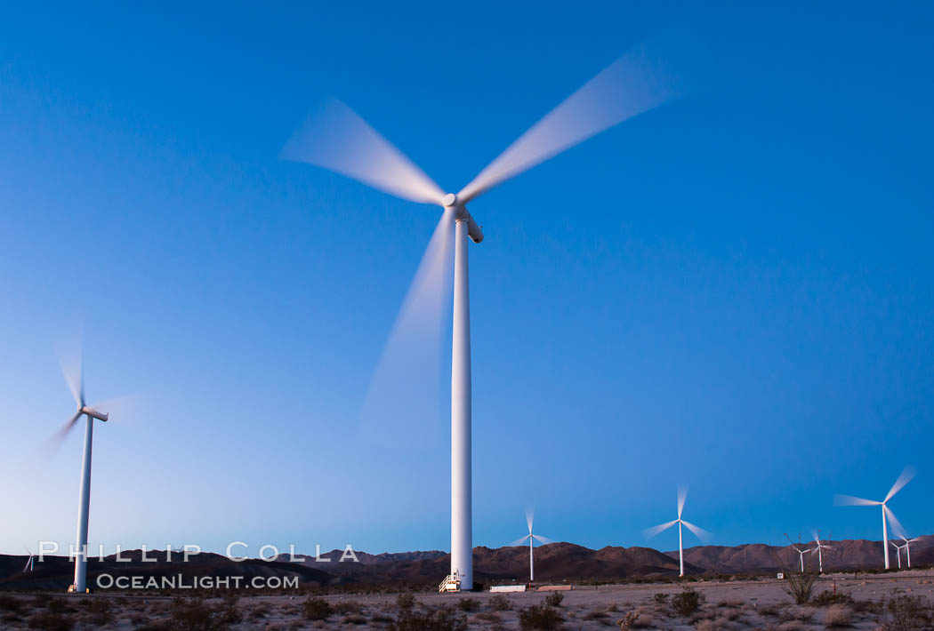 Ocotillo Express Wind Energy Projects, moving turbines lit by the rising sun, California, USA, natural history stock photograph, photo id 30249