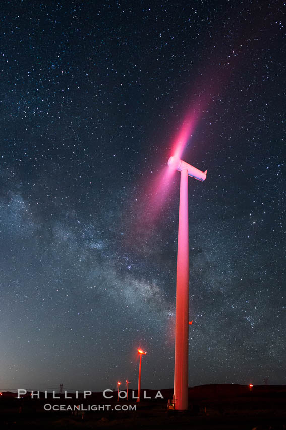 Ocotillo Wind Energy Turbines, at night with stars and the Milky Way in the sky above, the moving turbine blades illuminated by a small flashlight. California, USA, natural history stock photograph, photo id 30238