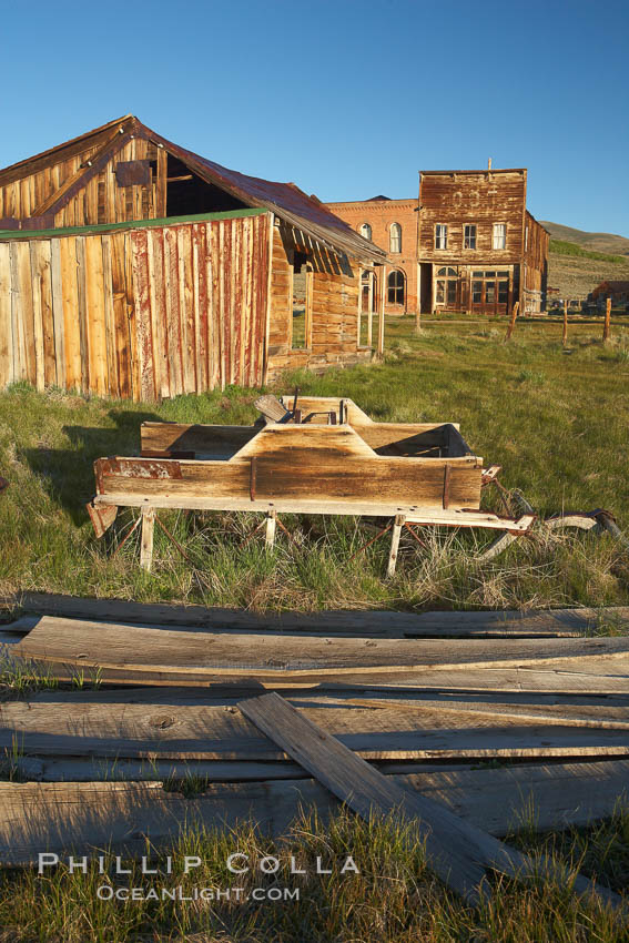 Old barn, with Main Street and I.O.O.F. Hall in background. Bodie State Historical Park, California, USA, natural history stock photograph, photo id 23165