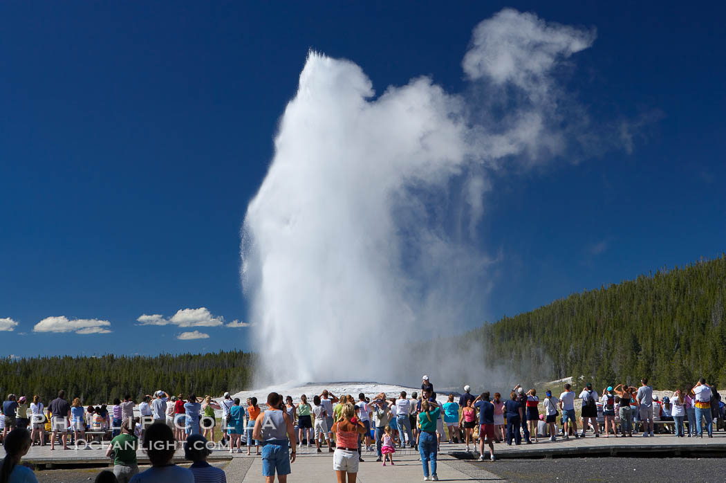 A crowd enjoys watching Old Faithful geyser at peak eruption. Upper Geyser Basin, Yellowstone National Park, Wyoming, USA, natural history stock photograph, photo id 13362