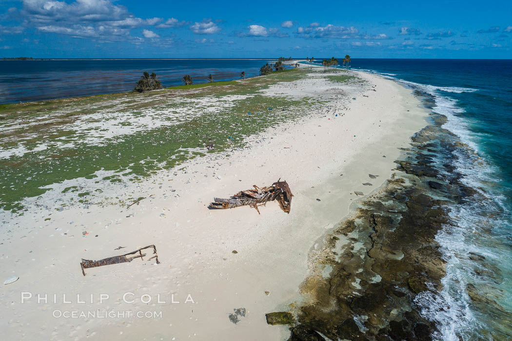 Old shipwreck debris on Clipperton Island, Aerial Photo, France