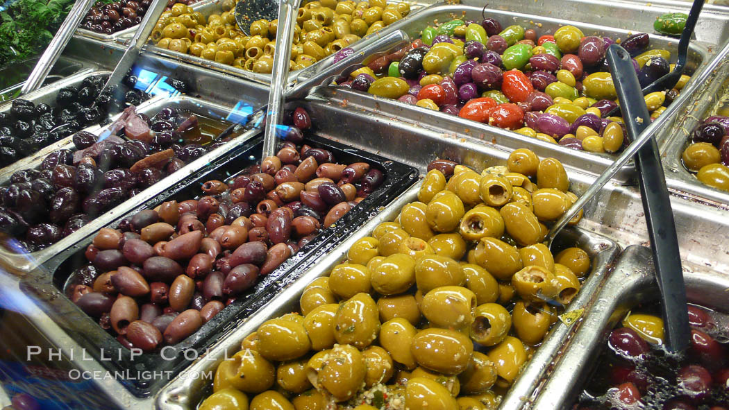 Olives for sale at the Public Market, Granville Island, Vancouver. British Columbia, Canada, natural history stock photograph, photo id 21205