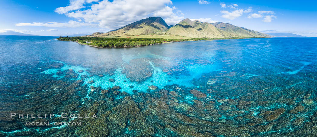 Olowalu coral reef and coast with West Maui mountains, aerial panoramic photo. Hawaii, USA, natural history stock photograph, photo id 38120