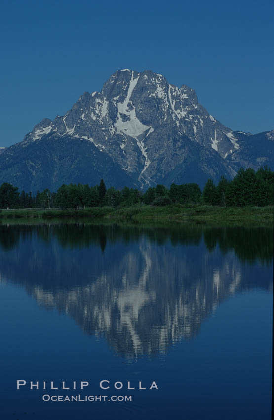 Mount Moran in the Teton Range is reflected in a sidewater of the Snake River at Oxbow Bend, summer. Grand Teton National Park, Wyoming, USA, natural history stock photograph, photo id 07450
