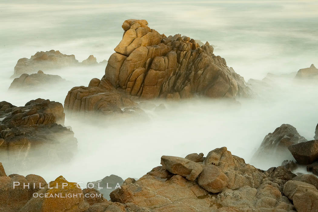 Waves breaking over rocks appear as a foggy mist in this time exposure.  Pacific Grove. Lovers Point, California, USA, natural history stock photograph, photo id 14914