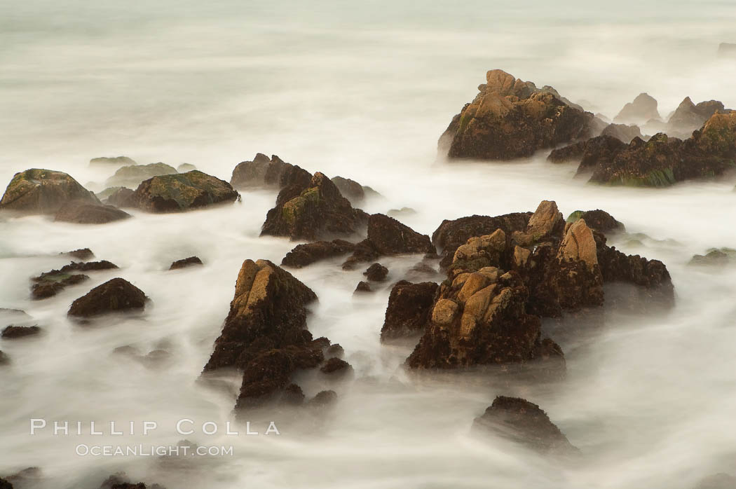 Waves breaking over rocks appear as a foggy mist in this time exposure.  Pacific Grove. Lovers Point, California, USA, natural history stock photograph, photo id 14909