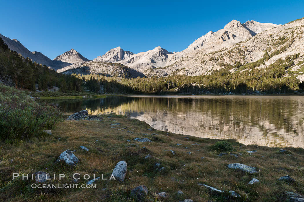 Panorama of Bear Creek Spire over Long Lake at Sunrise, Little Lakes Valley, John Muir Wilderness, Inyo National Forest. Little Lakes Valley, Inyo National Forest, California, USA, natural history stock photograph, photo id 31174