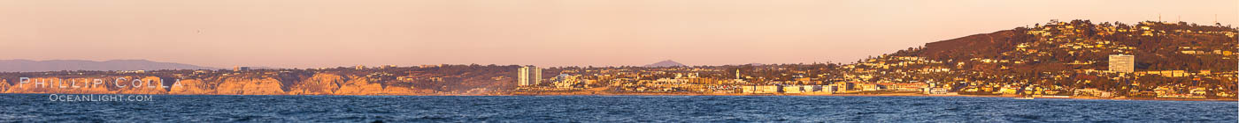 Panorama of La Jolla, with Mount Soledad aglow at sunset, viewed from the Pacific Ocean offshore of San Diego. California, USA, natural history stock photograph, photo id 27085