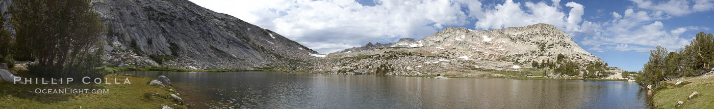 Panorama of Vogelsang Lake (10325'), a beautiful alpine lake in Yosemite's High Sierra.  Right is Vogelsang Peak (11516'), left is Vogelsang Pass. Yosemite National Park, California, USA, natural history stock photograph, photo id 23230