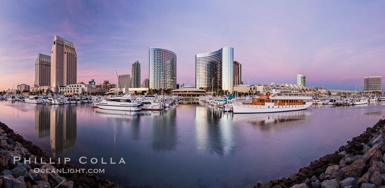 Panoramic photo of San Diego embarcadero, showing the San Diego Marriott Hotel and Marina (center), Roy's Restaurant (center) and Manchester Grand Hyatt Hotel (left) viewed from the San Diego Embarcadero Marine Park. California, USA, natural history stock photograph, photo id 26566