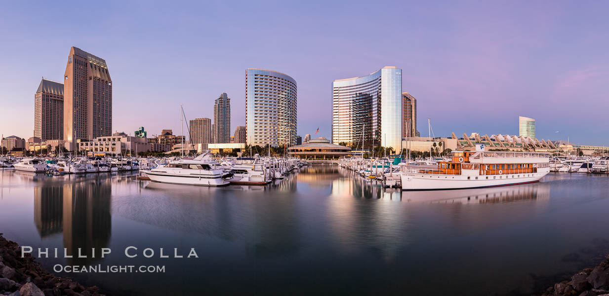 Panoramic photo of San Diego embarcadero, showing the San Diego Marriott Hotel and Marina (center), Roy's Restaurant (center) and Manchester Grand Hyatt Hotel (left) viewed from the San Diego Embarcadero Marine Park. California, USA, natural history stock photograph, photo id 26567