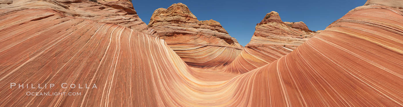 Panorama of the Wave.  The Wave is a sweeping, dramatic display of eroded sandstone, forged by eons of water and wind erosion, laying bare striations formed from compacted sand dunes over millenia.  This panoramic picture is formed from nine individual photographs. North Coyote Buttes, Paria Canyon-Vermilion Cliffs Wilderness, Arizona, USA, natural history stock photograph, photo id 20701