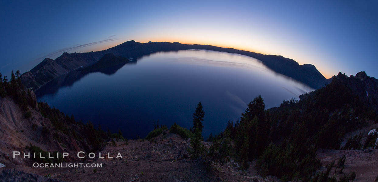 Panoramic picture of Crater Lake at dawn, sunrise, morning, panorama of Crater Lake National Park. Oregon, USA, natural history stock photograph, photo id 28655