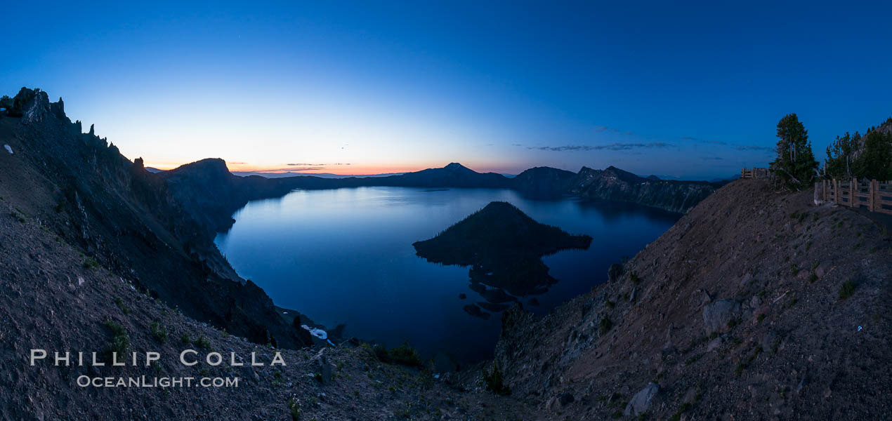 Panoramic picture of Crater Lake at dawn, sunrise, morning, panorama of Crater Lake National Park. Oregon, USA, natural history stock photograph, photo id 28659