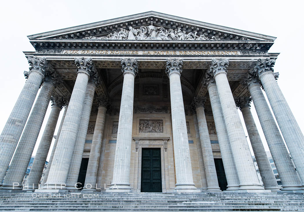 Pantheon. The Pantheon is a building in the Latin Quarter in Paris. It was originally built as a church dedicated to St. Genevieve and to house the reliquary chasse containing her relics but now functions as a secular mausoleum containing the remains of distinguished French citizens. France, natural history stock photograph, photo id 28028