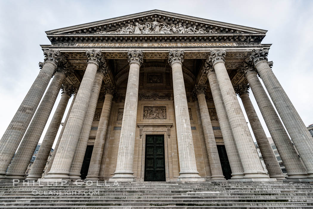 Pantheon. The Pantheon is a building in the Latin Quarter in Paris. It was originally built as a church dedicated to St. Genevieve and to house the reliquary chasse containing her relics but now functions as a secular mausoleum containing the remains of distinguished French citizens. France, natural history stock photograph, photo id 28029