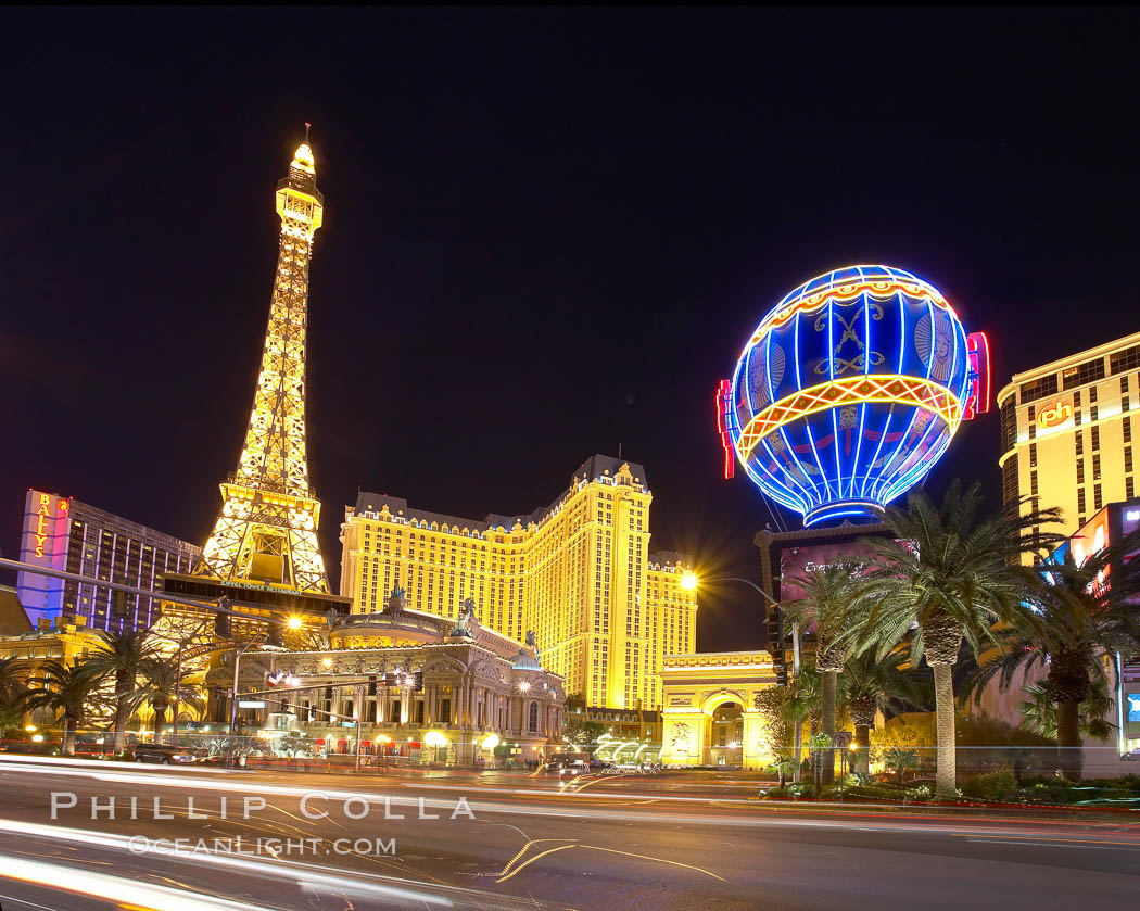 Half-scale replica of the Eiffel Tower rises above Las Vegas Boulevard, the Strip, in front of the Paris Hotel. Nevada, USA, natural history stock photograph, photo id 20558