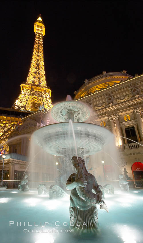 The half-scale replica of the Eiffel Tower rises above a fountain at night, Paris Hotel. Las Vegas, Nevada, USA, natural history stock photograph, photo id 20583
