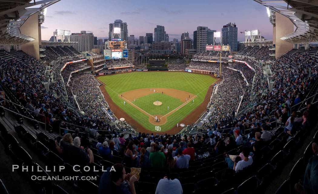 Petco Park, home of the San Diego Padres professional baseball team, overlooking downtown San Diego at dusk. California, USA, natural history stock photograph, photo id 27050