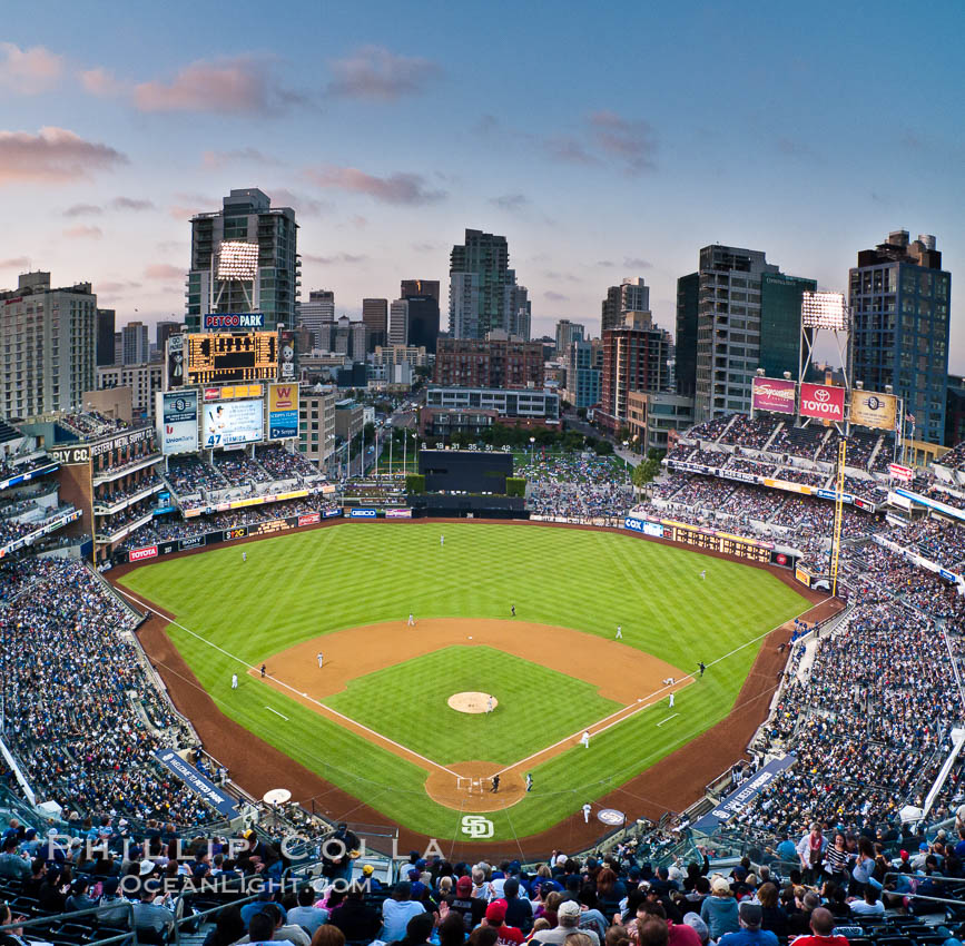 Petco Park, home of the San Diego Padres professional baseball team, overlooking downtown San Diego at dusk. California, USA, natural history stock photograph, photo id 27048