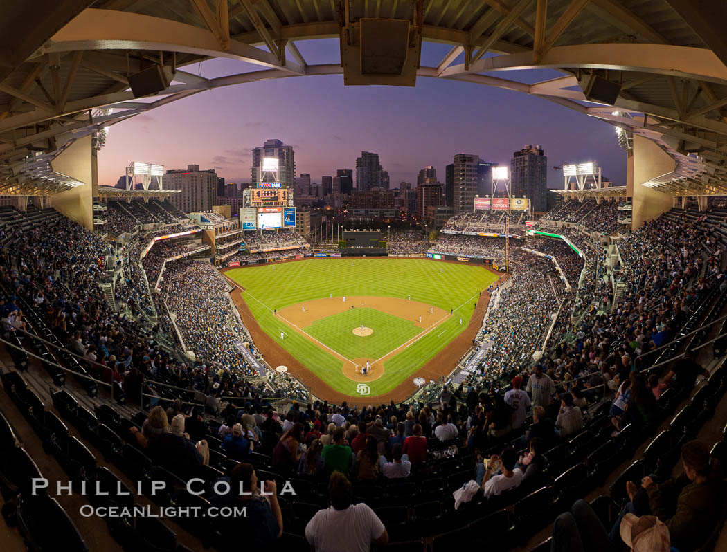 Petco Park, home of the San Diego Padres professional baseball team, overlooking downtown San Diego at dusk. California, USA, natural history stock photograph, photo id 27051