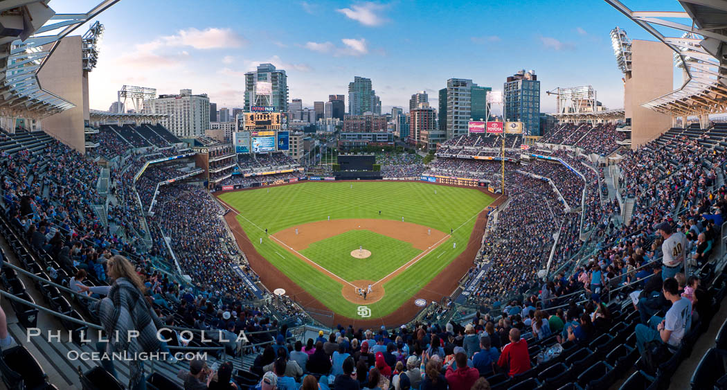 Petco Park, home of the San Diego Padres professional baseball team, overlooking downtown San Diego at dusk. California, USA, natural history stock photograph, photo id 27049
