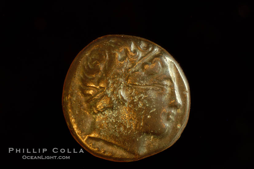 Philip II of Macedonia (359-336 B.C.), depicted on ancient Macedonian coin (bronze, denom/type: AE18)., natural history stock photograph, photo id 06742
