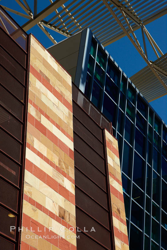 Phoenix Convention Center. Originally built in 1972 and expanded in 1985 and the mid-90's, the Phoenix Convention center offers 300,000 square feet of space for conventions year round.  It's exterior is a mix of modern glass, metal and stone architecture. Arizona, USA, natural history stock photograph, photo id 23192