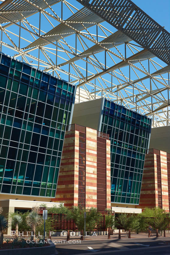 Phoenix Convention Center. Originally built in 1972 and expanded in 1985 and the mid-90's, the Phoenix Convention center offers 300,000 square feet of space for conventions year round.  It's exterior is a mix of modern glass, metal and stone architecture. Arizona, USA, natural history stock photograph, photo id 23175