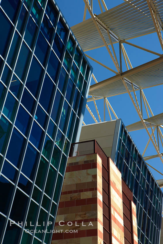 Phoenix Convention Center. Originally built in 1972 and expanded in 1985 and the mid-90's, the Phoenix Convention center offers 300,000 square feet of space for conventions year round.  It's exterior is a mix of modern glass, metal and stone architecture. Arizona, USA, natural history stock photograph, photo id 23179