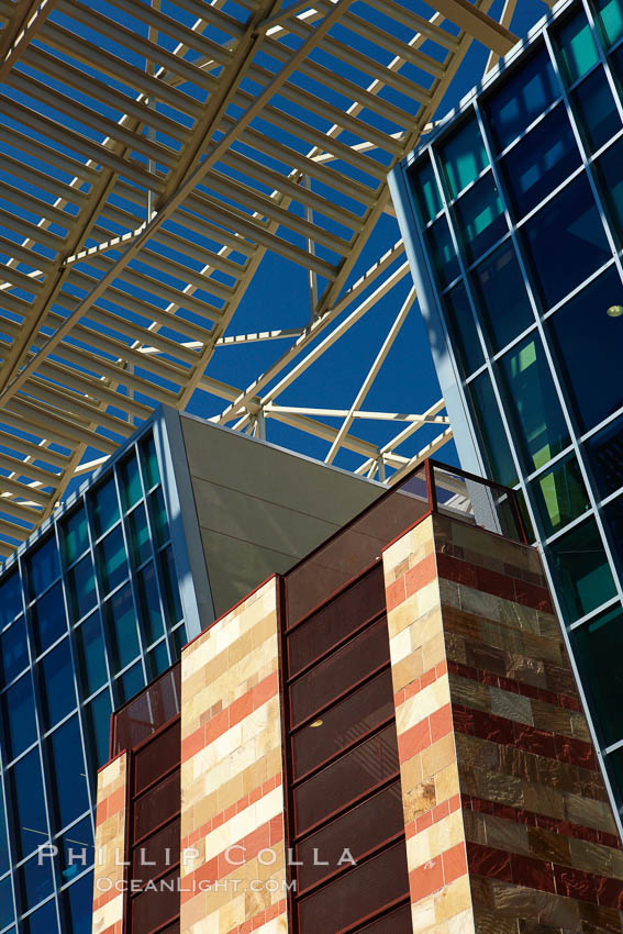 Phoenix Convention Center. Originally built in 1972 and expanded in 1985 and the mid-90's, the Phoenix Convention center offers 300,000 square feet of space for conventions year round.  It's exterior is a mix of modern glass, metal and stone architecture. Arizona, USA, natural history stock photograph, photo id 23189