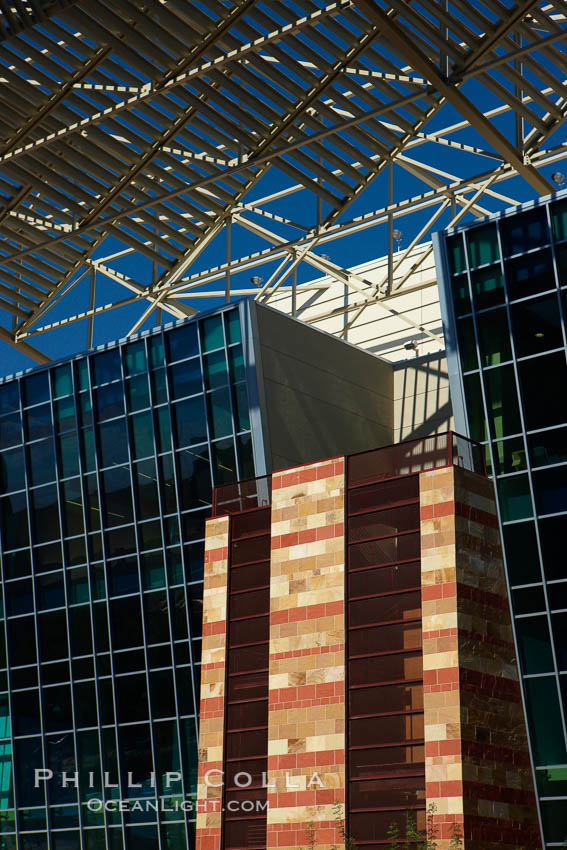 Phoenix Convention Center. Originally built in 1972 and expanded in 1985 and the mid-90's, the Phoenix Convention center offers 300,000 square feet of space for conventions year round.  It's exterior is a mix of modern glass, metal and stone architecture. Arizona, USA, natural history stock photograph, photo id 23197