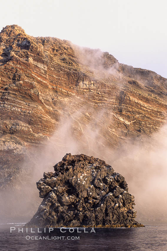 Pilot Rock (Roca Pilote), a undersea spire which extends 100 out of the water, stands below the immense seacliffs and morning clouds at the north end of Guadalupe Island (Isla Guadalupe), far offshore of the Baja California peninsula. Mexico, natural history stock photograph, photo id 09751