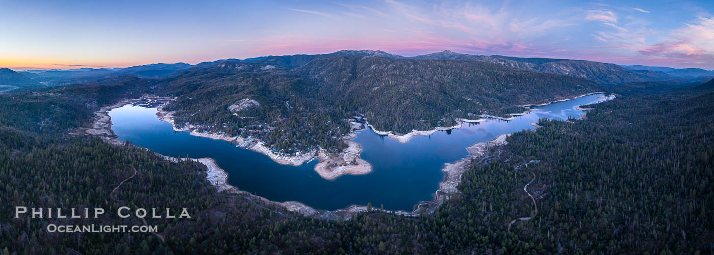 Spectacular pink sunset over Bass Lake viewed from the top of Goat Mountain, aerial panoramic photo. California, USA, natural history stock photograph, photo id 39994