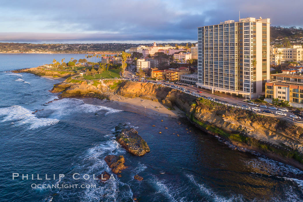 Point La Jolla and Scripps Park and Coast Boulevard, aerial photo, sunset. California, USA, natural history stock photograph, photo id 38105