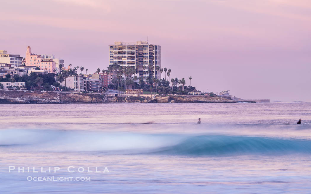 Point La Jolla at Dawn with Surfers and Pink Sunrise. California, USA, natural history stock photograph, photo id 39817
