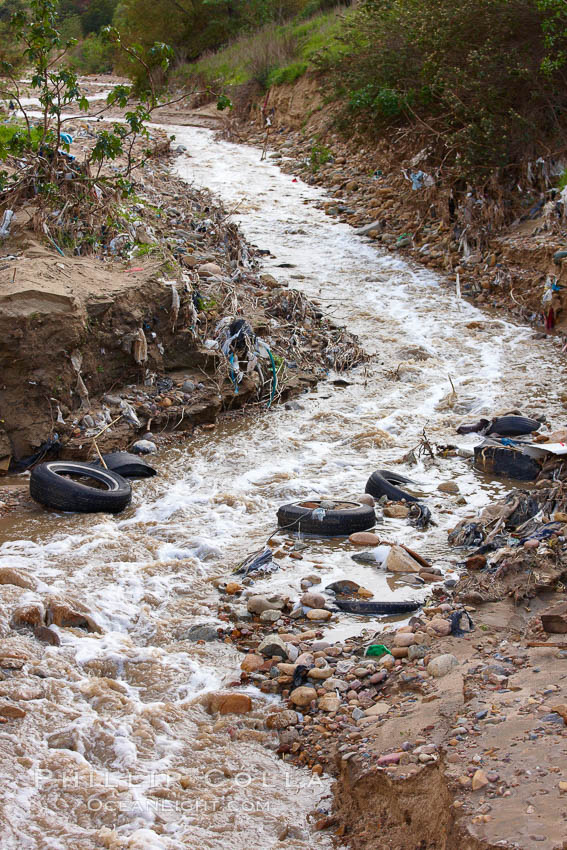 Pollution accumulates in the Tijuana River Valley following winter storms which flush the trash from Tijuana in Mexico across the border into the United States. Imperial Beach, San Diego, California, USA, natural history stock photograph, photo id 22551