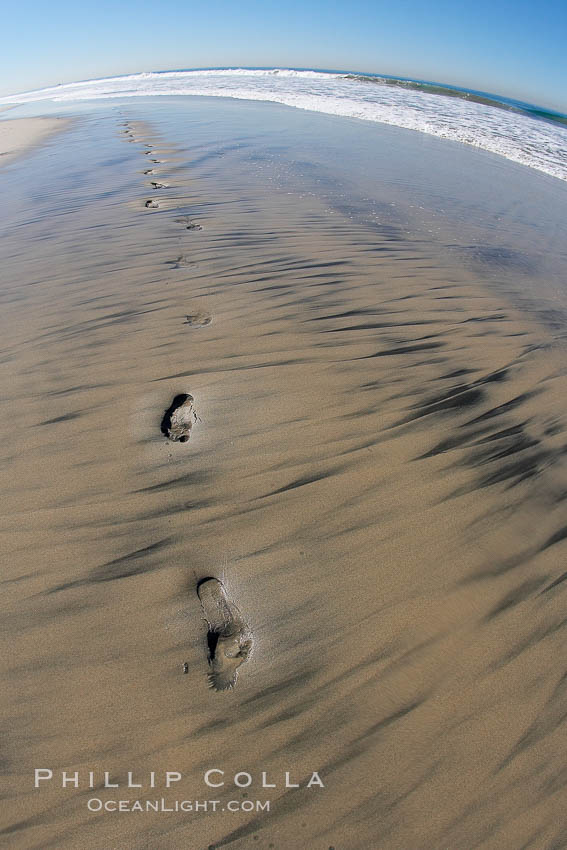 Empty beach after a session in the water, footprints in the sand. Ponto, Carlsbad, California, USA, natural history stock photograph, photo id 17695