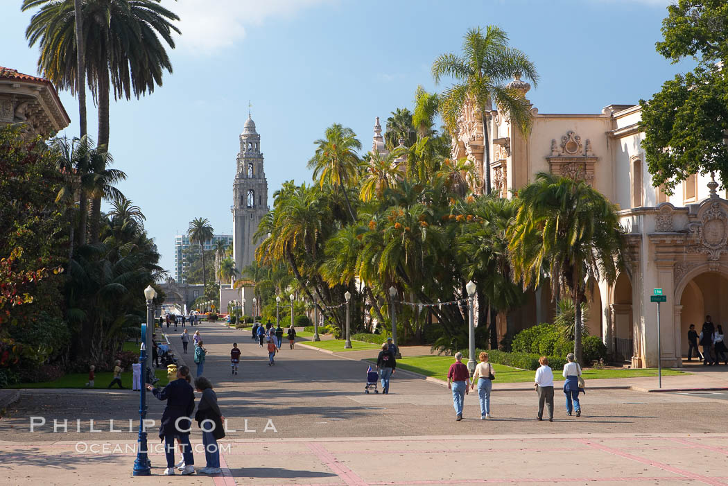 The Prado, or El Prado, the main east-west walkway through the heart of Balboa Park, is named for the Paseo del Prado in Madrid.  Balboa Park. San Diego, California, USA, natural history stock photograph, photo id 14603