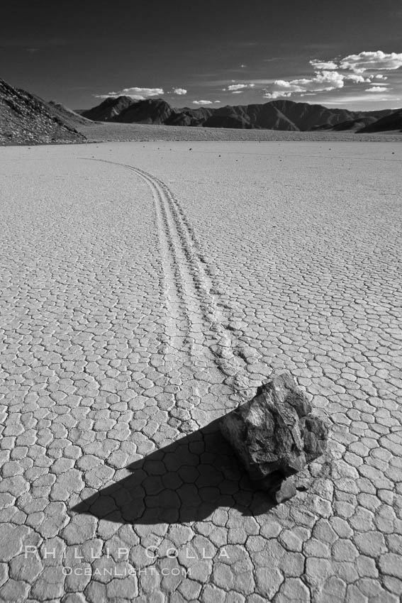 Sailing stone on the Death Valley Racetrack playa.  The sliding rocks, or sailing stones, move across the mud flats of the Racetrack Playa, leaving trails behind in the mud.  The explanation for their movement is not known with certainty, but many believe wind pushes the rocks over wet and perhaps icy mud in winter. Death Valley National Park, California, USA, natural history stock photograph, photo id 25333