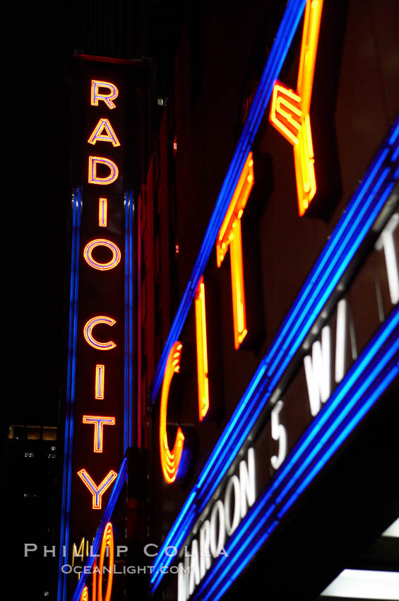 Radio City Music Hall, neon lights, night. New York City, USA, natural history stock photograph, photo id 11176