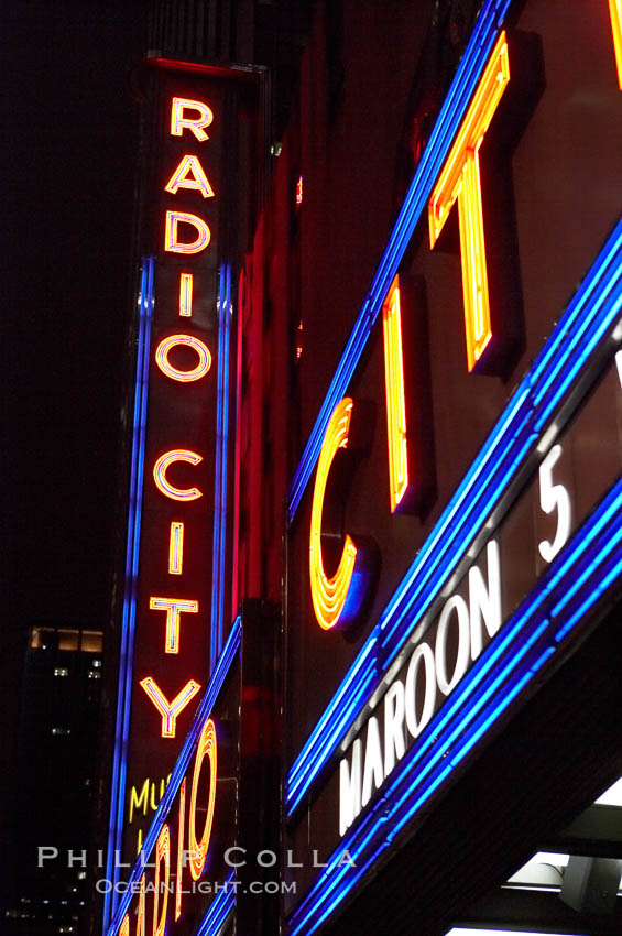 Radio City Music Hall, neon lights, night. New York City, USA, natural history stock photograph, photo id 11175